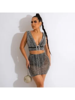 Embellished V Neck Cropped Tanks Skirt Sets