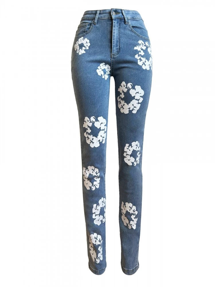 Floral Printed Fitted Denim Jeans - Image 8