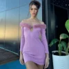 Fuzzy Trim Off Shoulder Fitted Mini Dress
