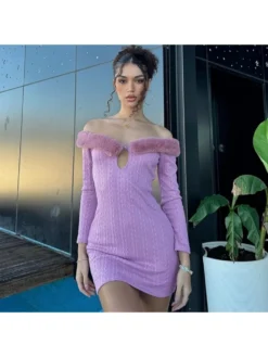 Fuzzy Trim Off Shoulder Fitted Mini Dress