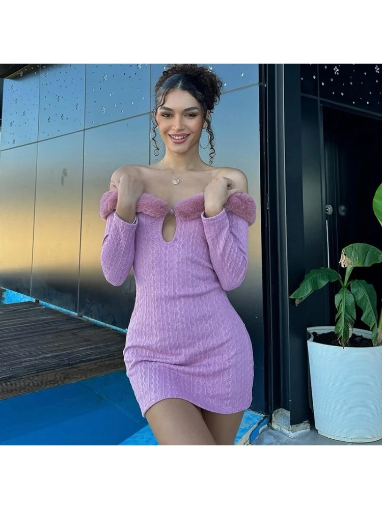 Fuzzy Trim Off Shoulder Fitted Mini Dress - Image 2