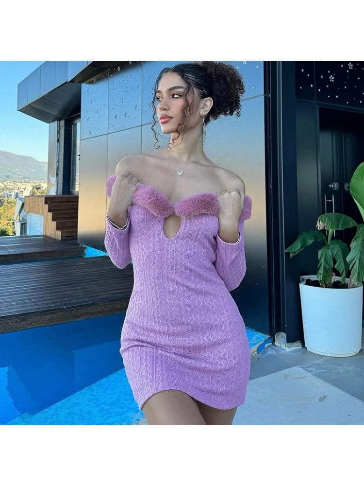 Fuzzy Trim Off Shoulder Fitted Mini Dress - Image 3