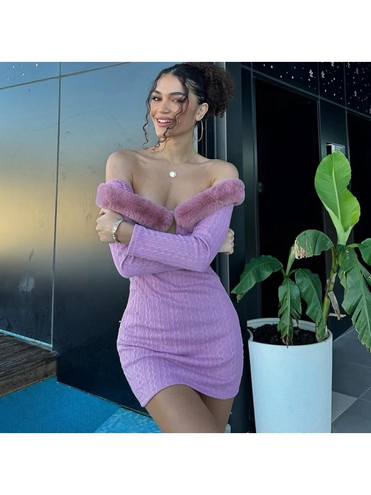 Fuzzy Trim Off Shoulder Fitted Mini Dress - Image 4