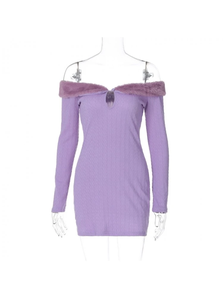 Fuzzy Trim Off Shoulder Fitted Mini Dress - Image 6