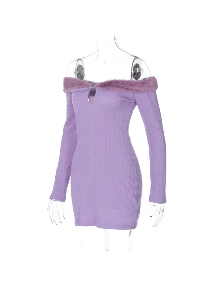 Fuzzy Trim Off Shoulder Fitted Mini Dress - Image 7