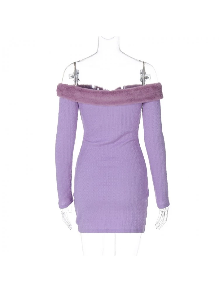 Fuzzy Trim Off Shoulder Fitted Mini Dress - Image 8