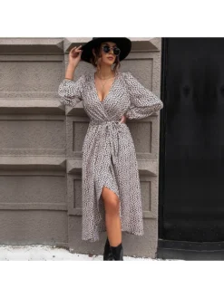 Ruffle Leopard Plunging Neckline Lace Up Dress