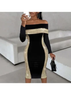 Sequin Patchwork Off Shoulder Fitted Midi Dress