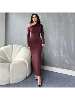 Ruched Inclined Shoulder Fitted Maxi Dresses