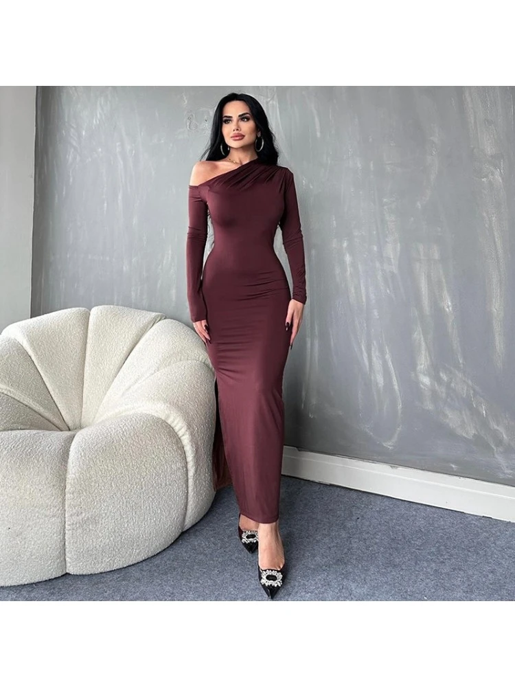 Ruched Inclined Shoulder Fitted Maxi Dresses