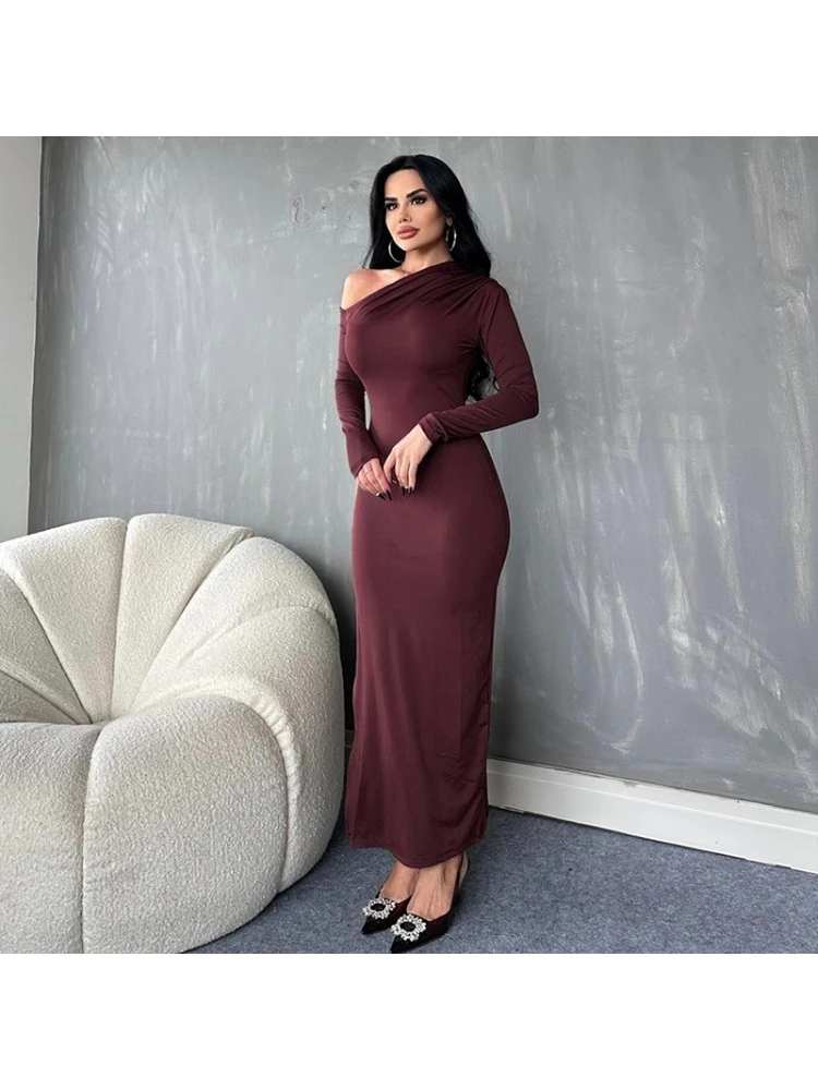 Ruched Inclined Shoulder Fitted Maxi Dresses - Image 2