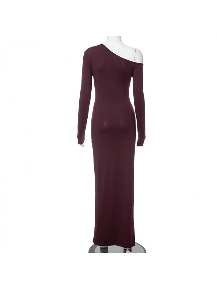 Ruched Inclined Shoulder Fitted Maxi Dresses - Image 7