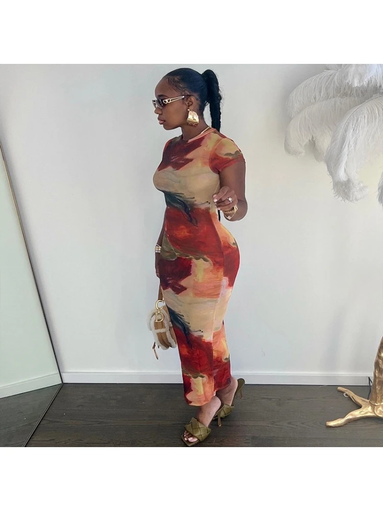 Colorblock Printed Fitted Short Sleeve Dress - Image 2