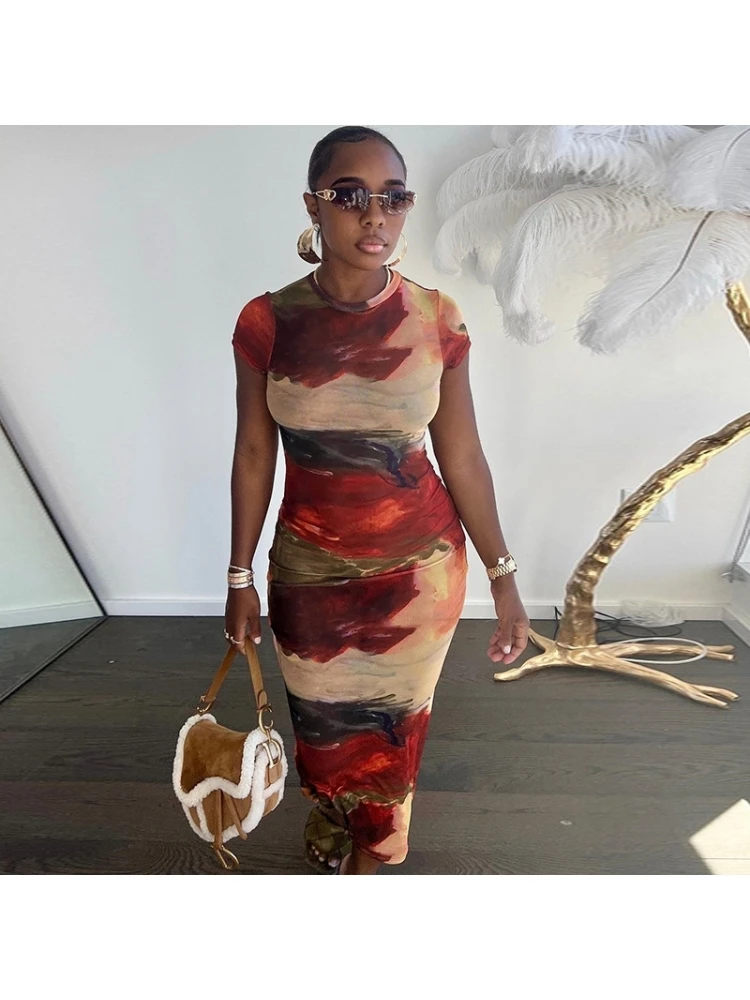 Colorblock Printed Fitted Short Sleeve Dress - Image 3