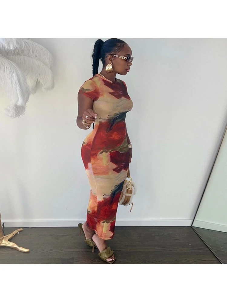 Colorblock Printed Fitted Short Sleeve Dress - Image 4