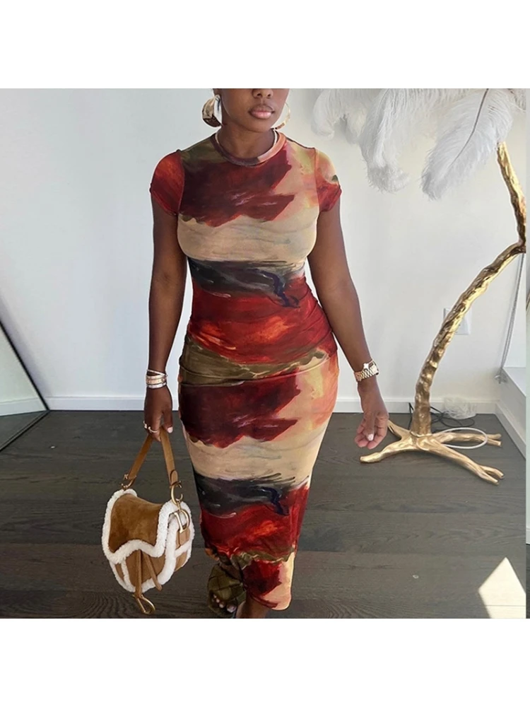 Colorblock Printed Fitted Short Sleeve Dress - Image 5