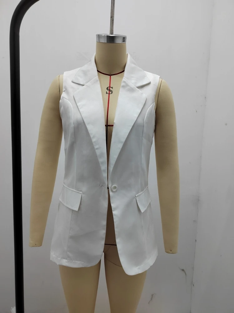 Solid Lapel Neck Buckle Sleeveless Blazers - Image 6