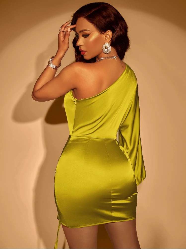 Drawstring Mid-rise Bodycon One Shoulder Dress - Image 4