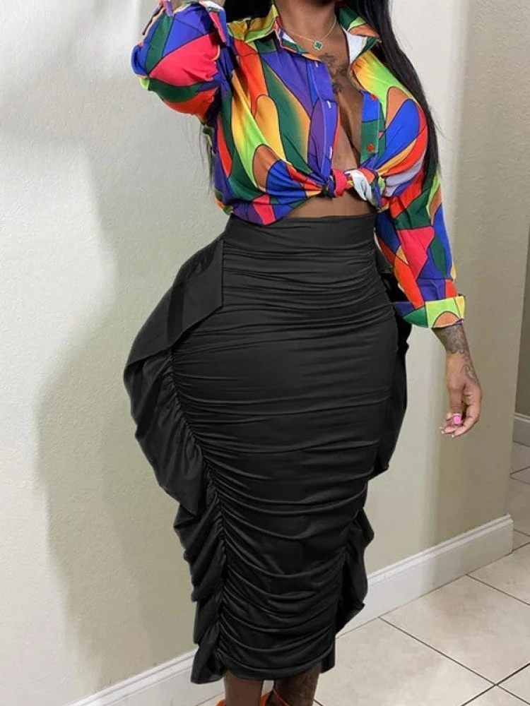 Solid Color Ruched Fitted Skirts - Image 2