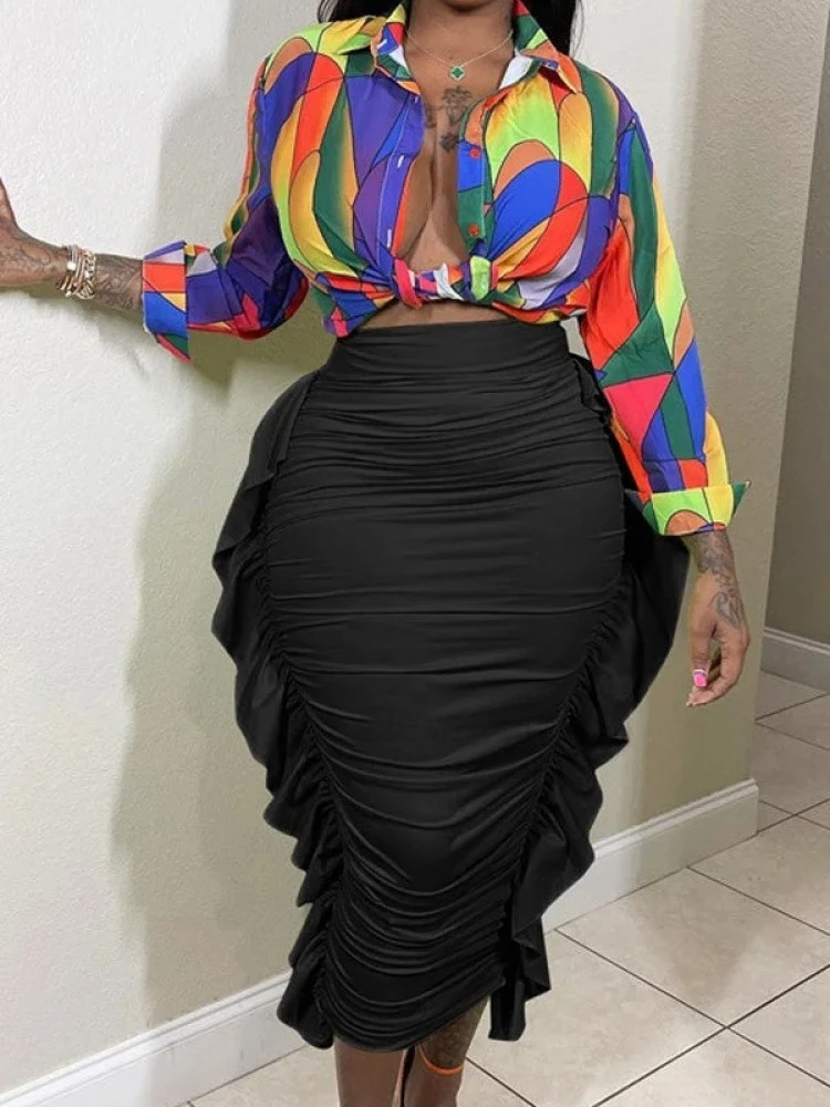 Solid Color Ruched Fitted Skirts - Image 3