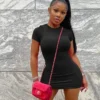 Solid Color Round Neck Slim Mini Dress