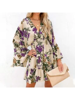 Print Lantern Sleeve Slim Long Sleeves Dress