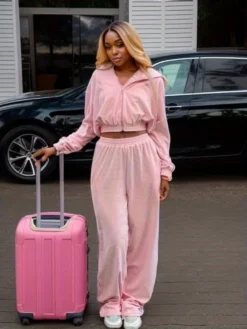 Solid Color Hooded Zipper Hoodies Trouser Sets