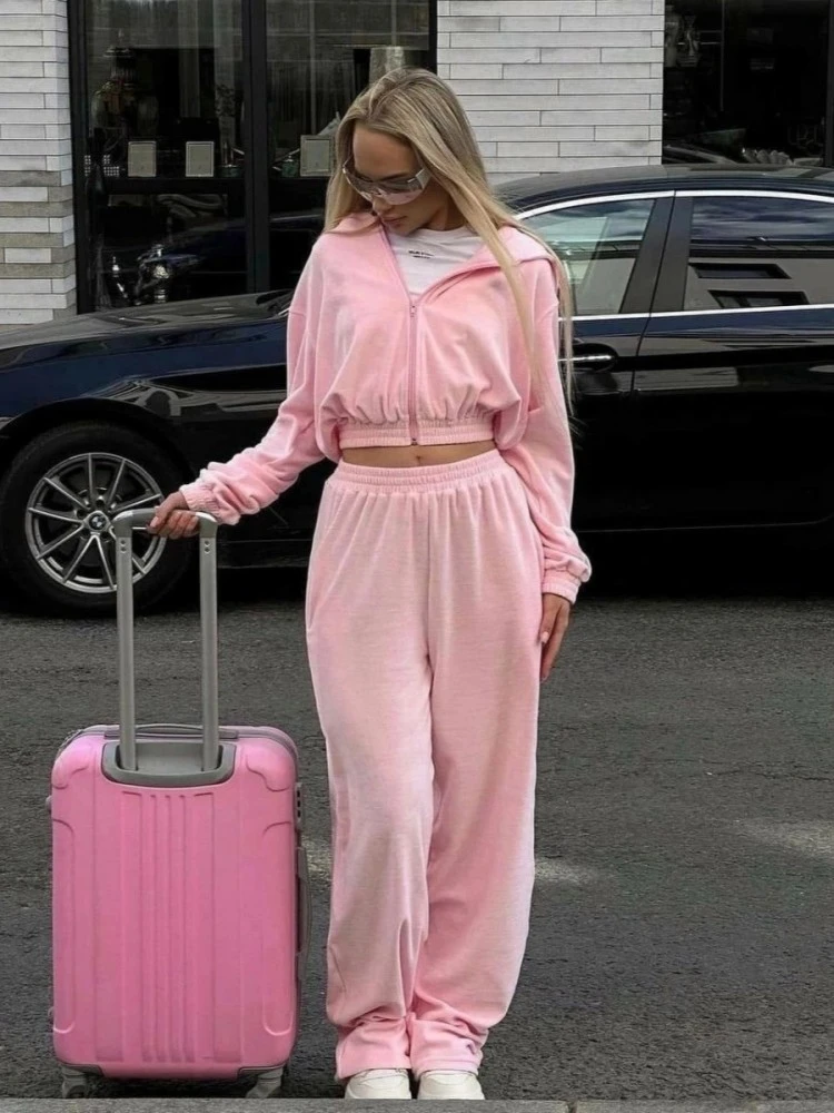 Solid Color Hooded Zipper Hoodies Trouser Sets - Image 2