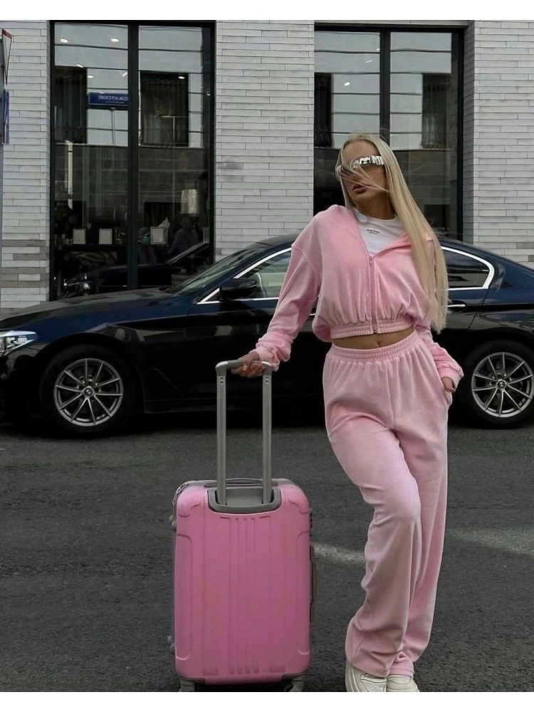 Solid Color Hooded Zipper Hoodies Trouser Sets - Image 3