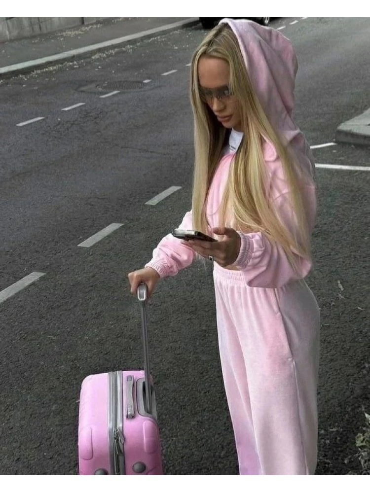 Solid Color Hooded Zipper Hoodies Trouser Sets - Image 4