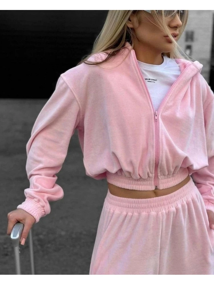 Solid Color Hooded Zipper Hoodies Trouser Sets - Image 6