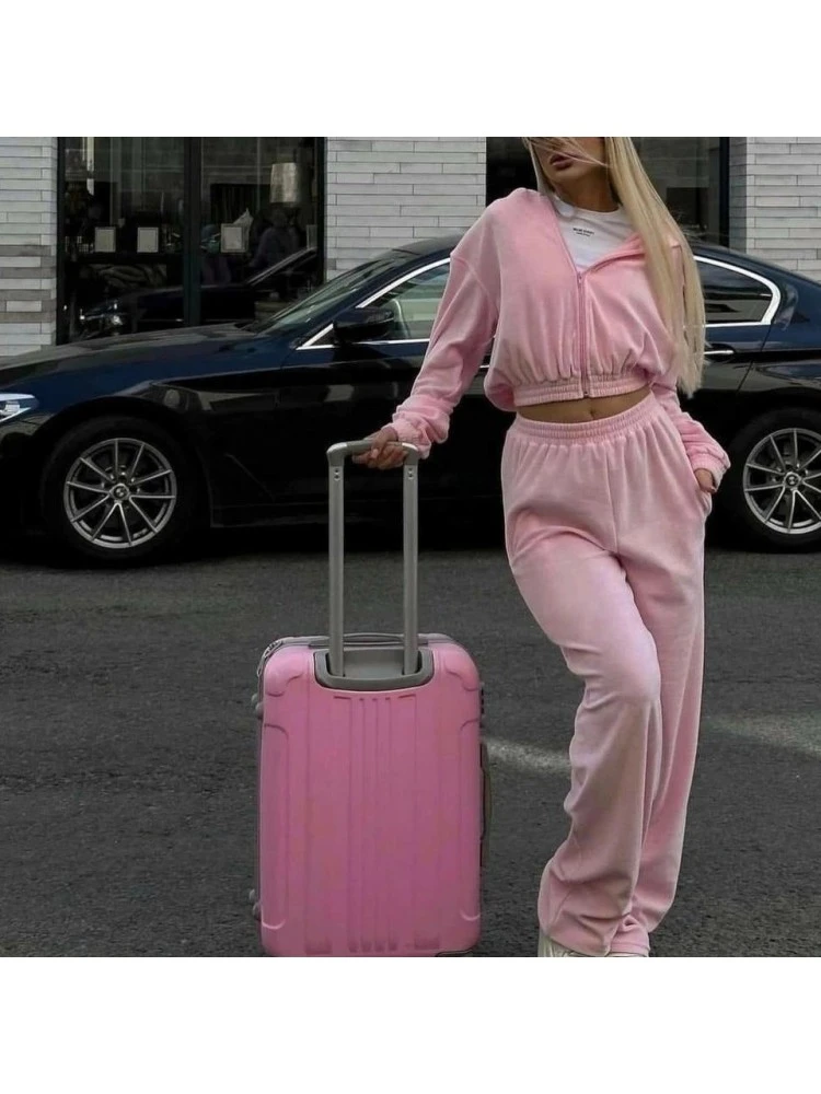 Solid Color Hooded Zipper Hoodies Trouser Sets - Image 7