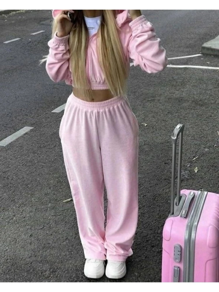 Solid Color Hooded Zipper Hoodies Trouser Sets - Image 8