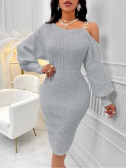 Solid Color Fall Lantern Sleeve Dress