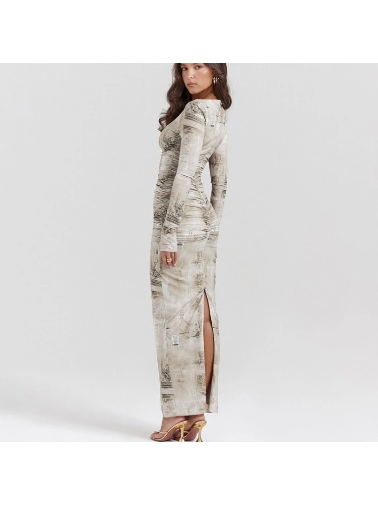 Print Split Hem Long Sleeve Slim Maxi Dresses - Image 2