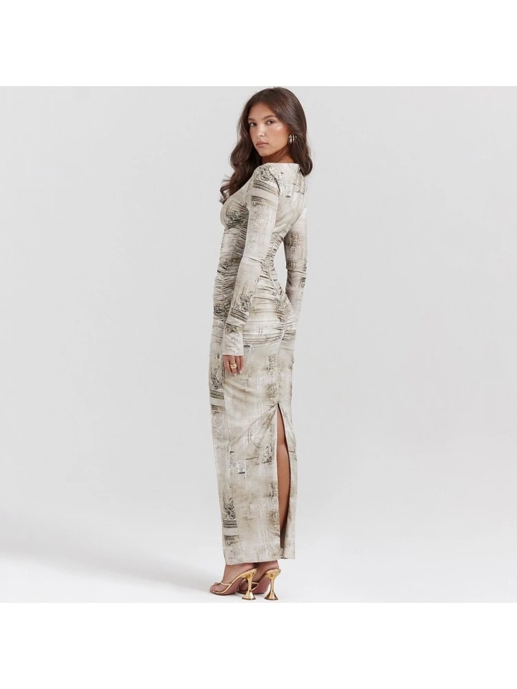 Print Split Hem Long Sleeve Slim Maxi Dresses - Image 7