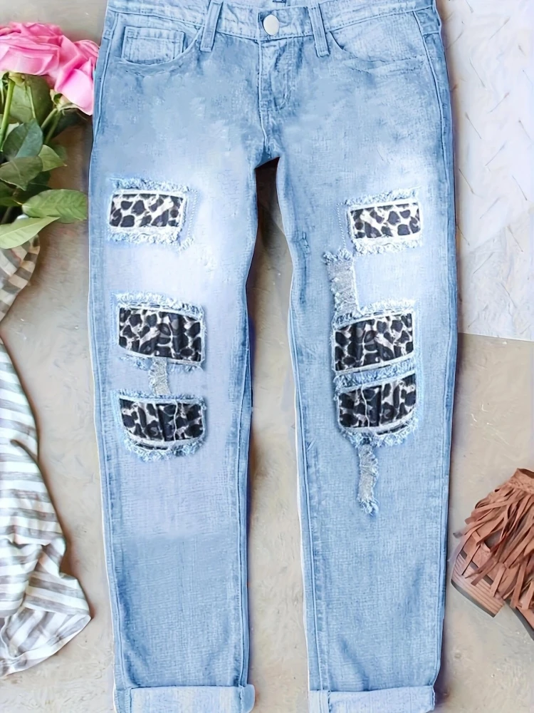 Leopard Patchwork One Button Jeans - Image 2