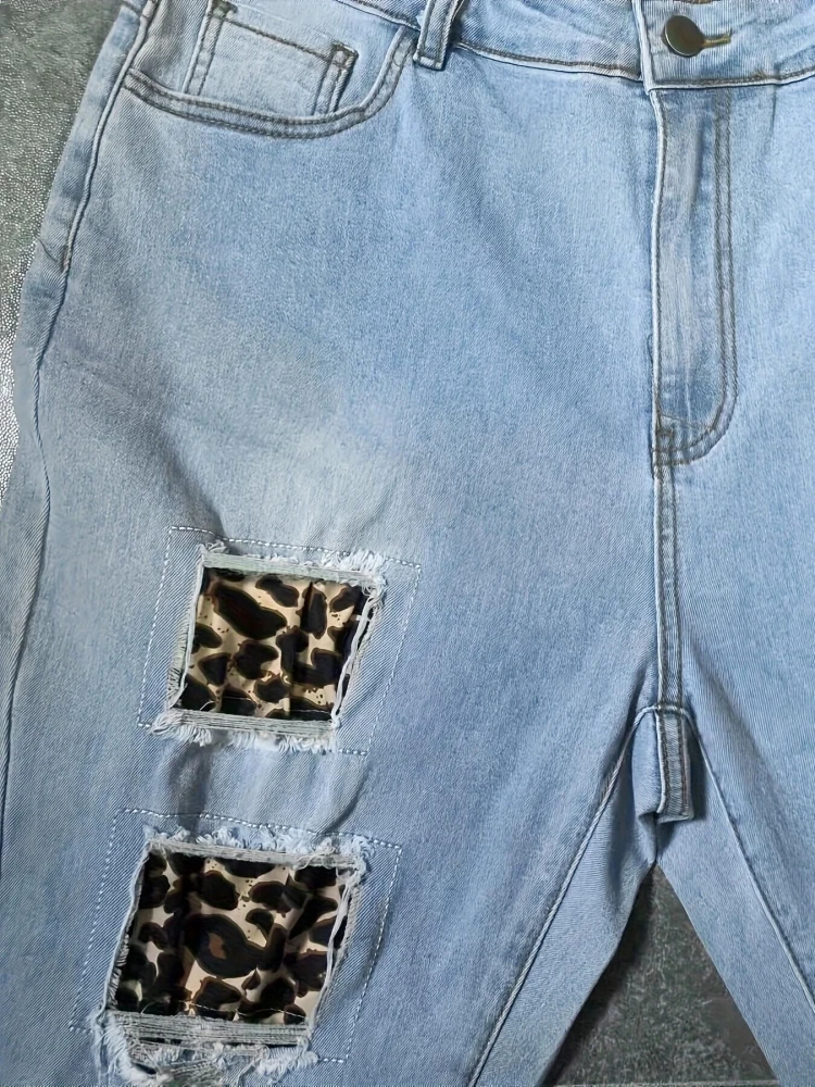 Leopard Patchwork One Button Jeans - Image 4