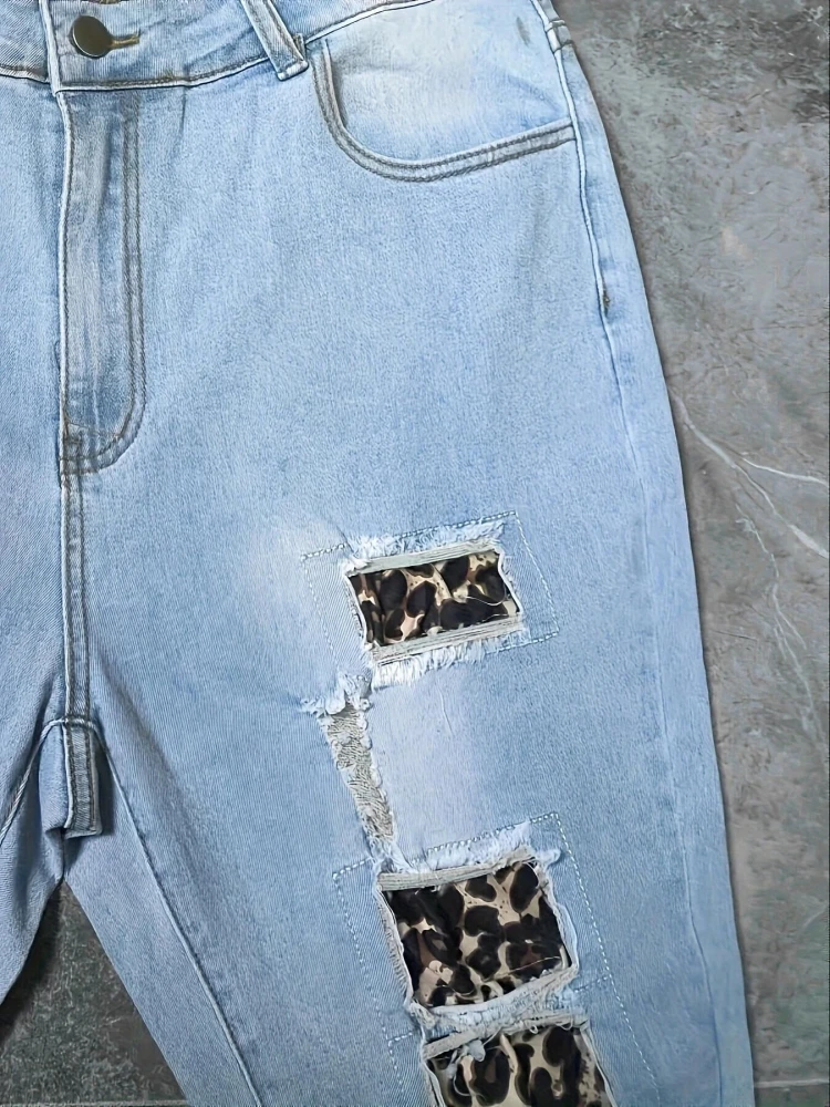 Leopard Patchwork One Button Jeans - Image 5