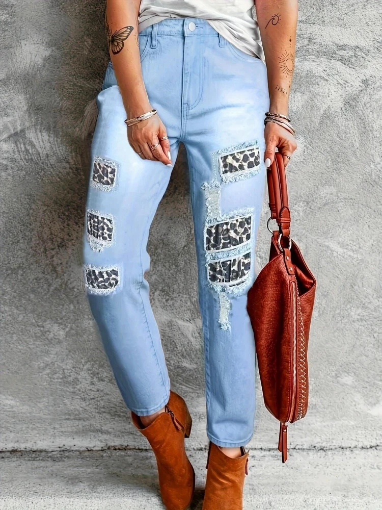 Leopard Patchwork One Button Jeans