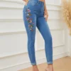 Embroidery Colorblock One Button Jeans
