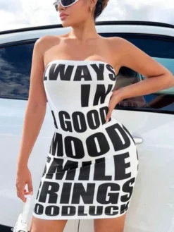 Letter Pattern Fitted Strapless Mini Dress
