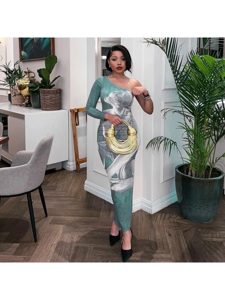 Abstract Printing Fitted One Shoulder Maxi Dress