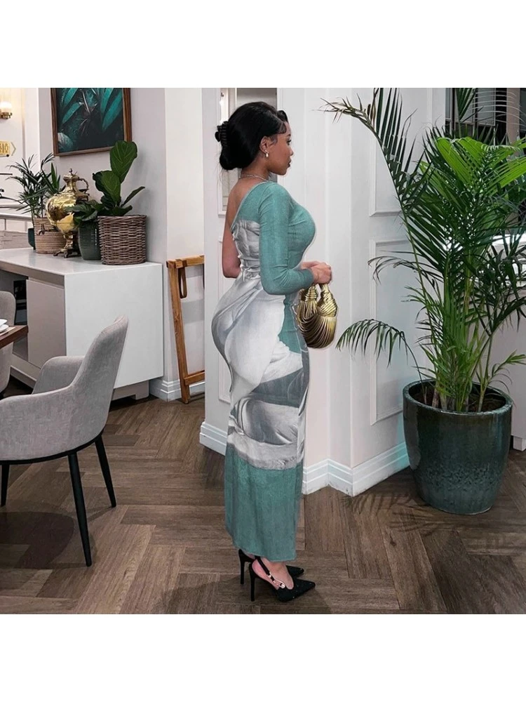 Abstract Printing Fitted One Shoulder Maxi Dress - Image 4