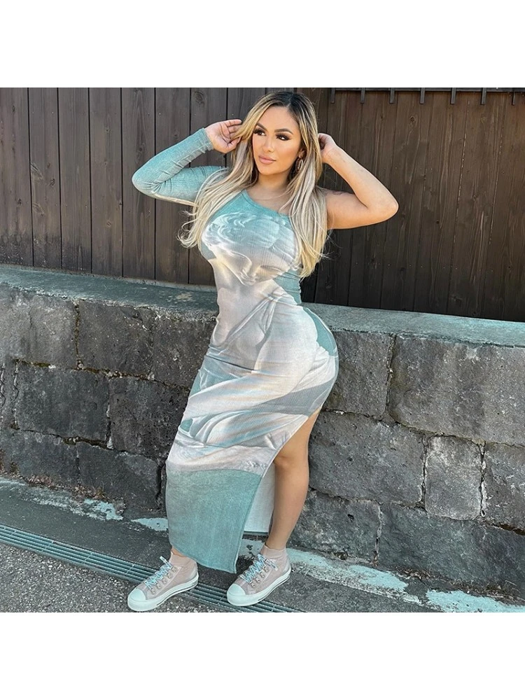 Abstract Printing Fitted One Shoulder Maxi Dress - Image 5