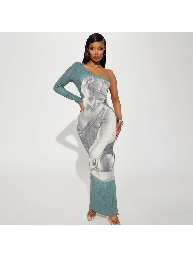 Abstract Printing Fitted One Shoulder Maxi Dress - Image 6