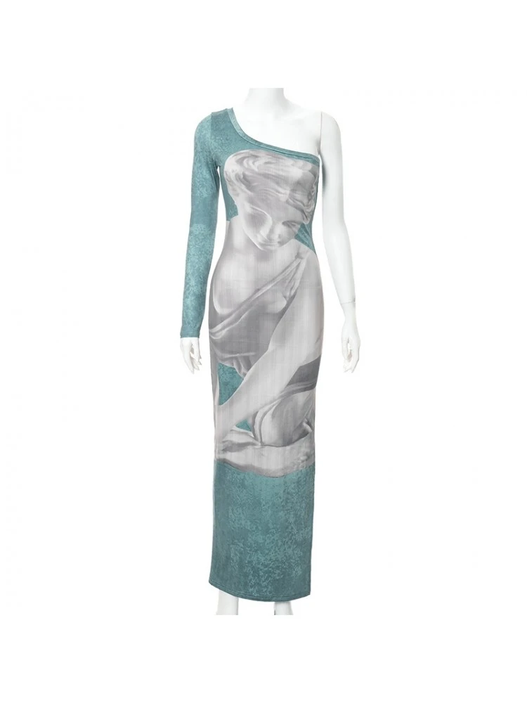 Abstract Printing Fitted One Shoulder Maxi Dress - Image 7