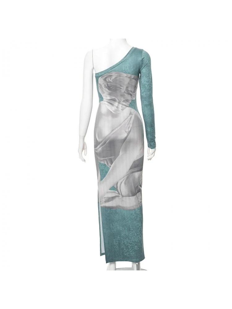 Abstract Printing Fitted One Shoulder Maxi Dress - Image 8