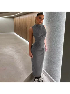 Ruched Mock Neck Fitted Sleeveless Dress