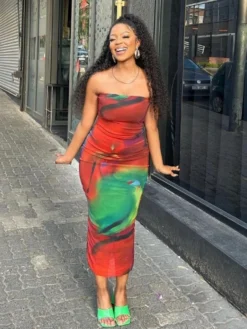 Colorblock Fitted Strapless Maxi Dresses